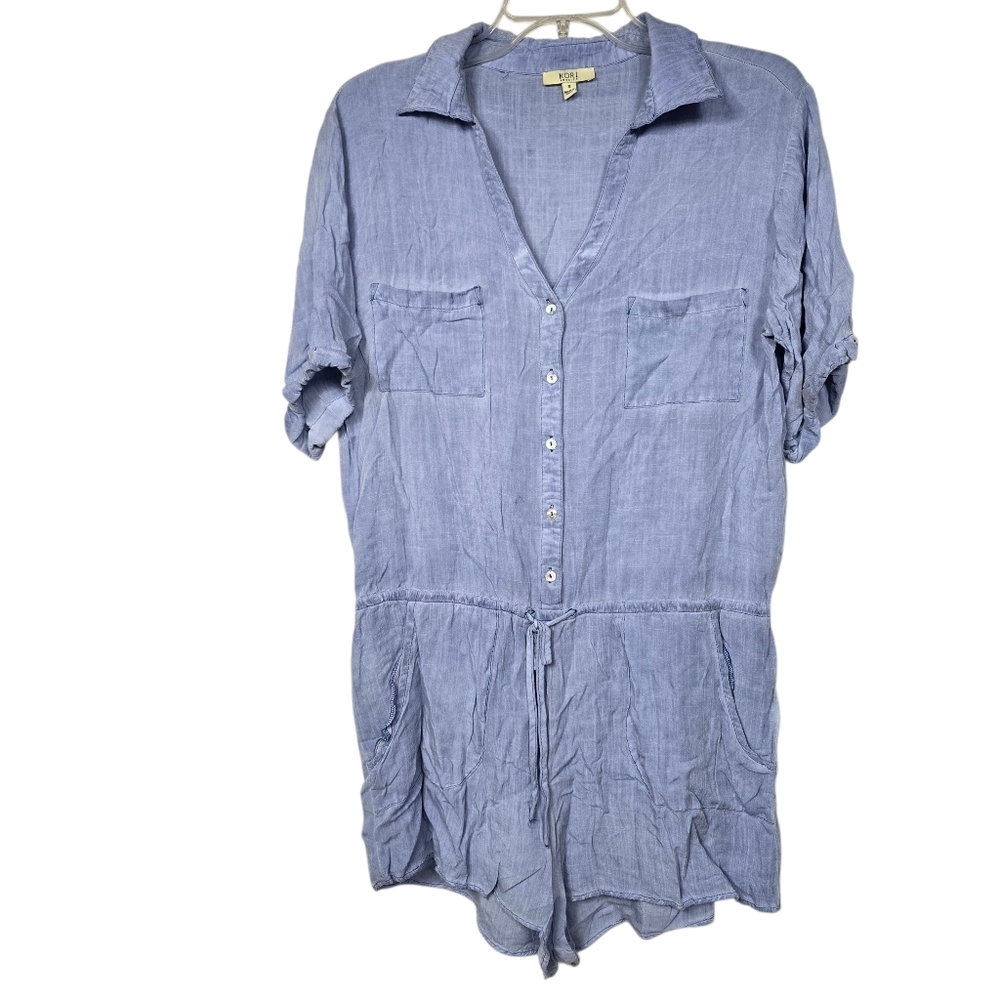 Kori America Blue Rayon Romper Short Sleeve Half Button Down Size S